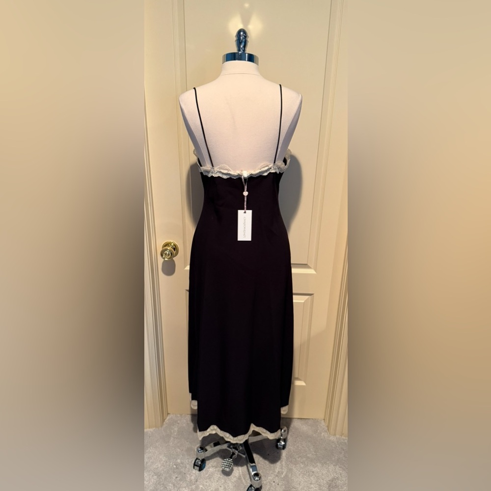 LoveShackFancy Black Midi Slip Dress with White Lace Bow and Trim - Picture 5 of 7